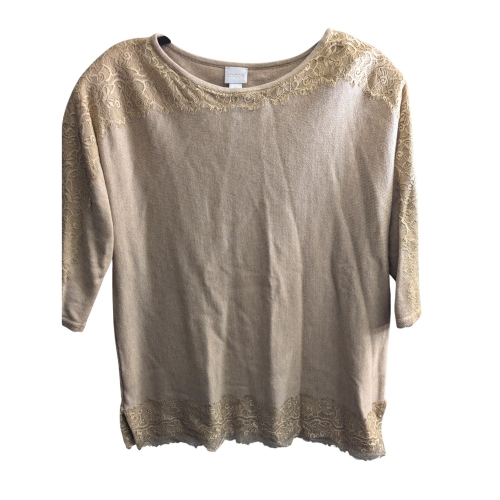 Chicos Sweater Size 2 Large Tan Lace Top Boho Chic Feminine Romantic Casual Core